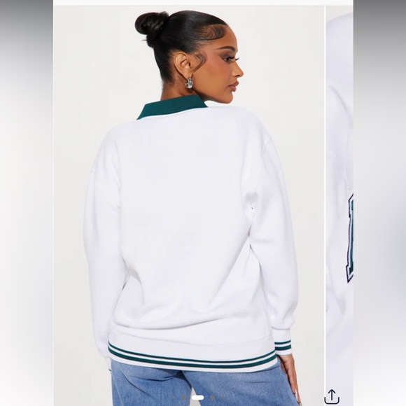 SMALL White & Teal Green Philadelphia Eagles Long Sleeve Collared Sweatshirt - Picture 4 of 6